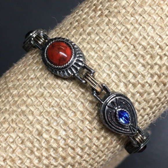 Exotic Multicolor Bracelet Silver Eye Teardrop Oval Rhinestone Marbled BoHo - Picture 3 of 6